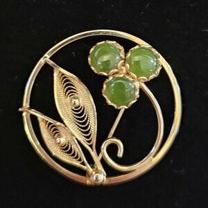Vintage Sorrento 1/20 12k Gold Filled Jade Flower‎ Brooch Pin Wreath Green GF